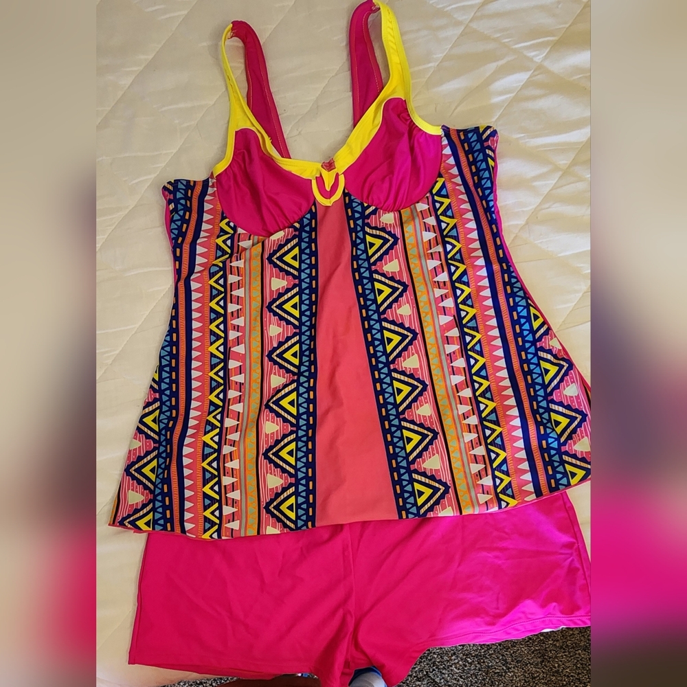 Vibrant Pink and Yellow Tankini with Geometric Pattern